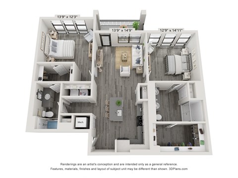 Floor plan for 2 beds, 2 baths, 1203 sqft